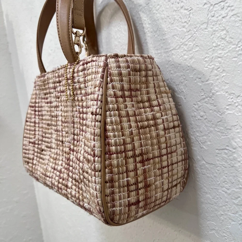 Liz Claiborne Woven Straw Plaid‎ Satchel Handbag Tan Crossbody Bag